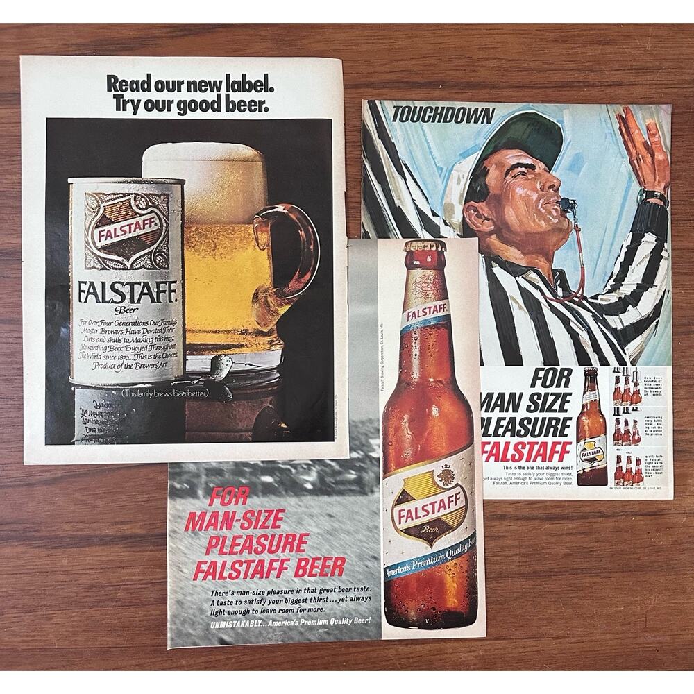3 Original Print Ads 1960s Falstaff Beer Touchdown Variety